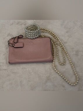 Coach Blush Pink Pebbled Leather Double Zip Wristlet Wallet Clutch